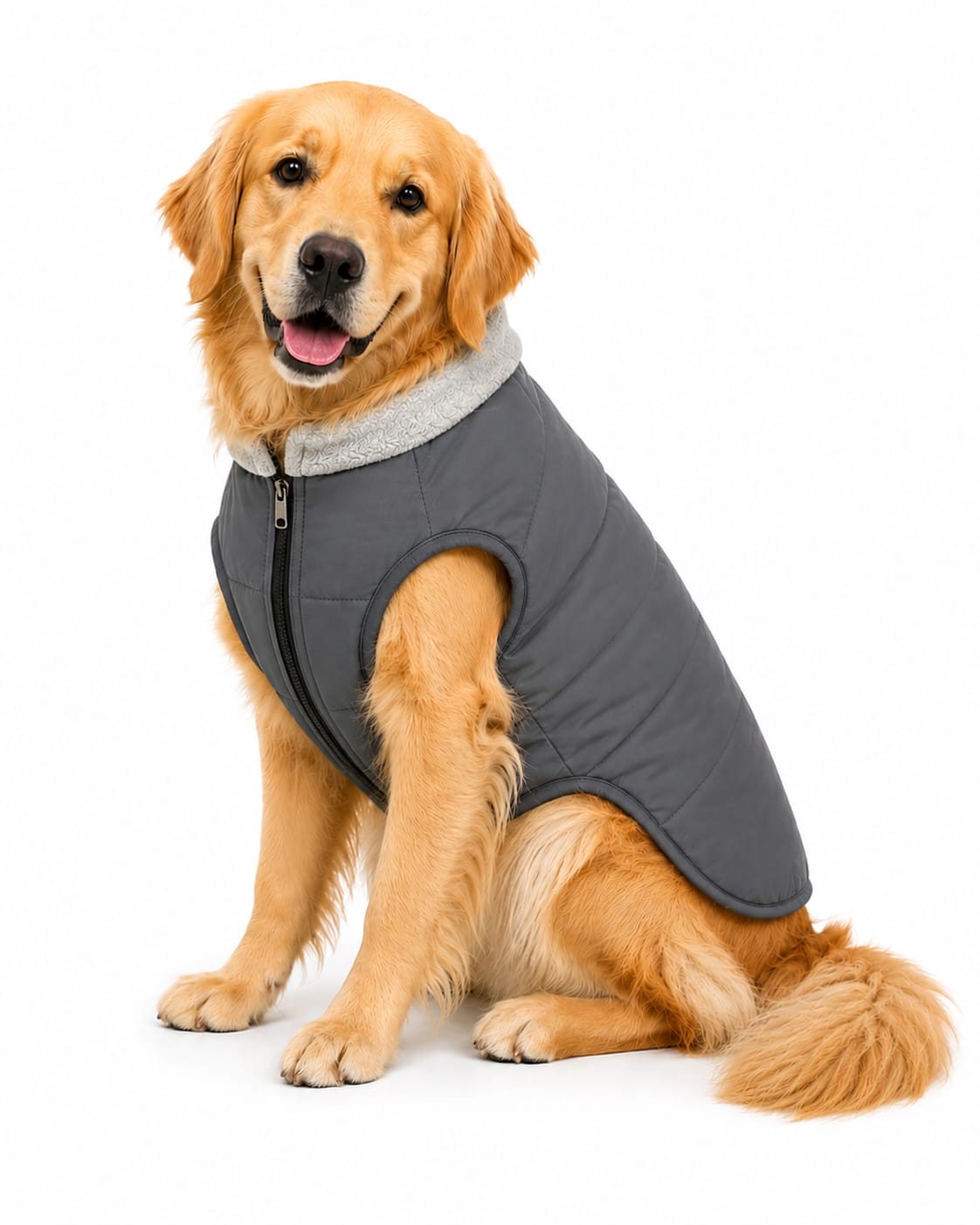 A golden retriever wearing a Dogs n Dude quilted coat